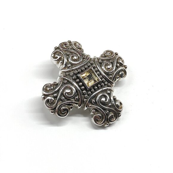 Chunky ! - Sterling Silver Cross Pendant Scrolling Design Citrine Pendant - Picture 6 of 6